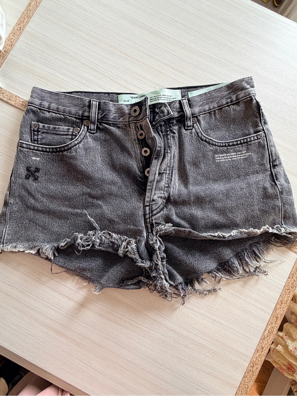 Off-White Distressed Washed Gray Denim Shorts